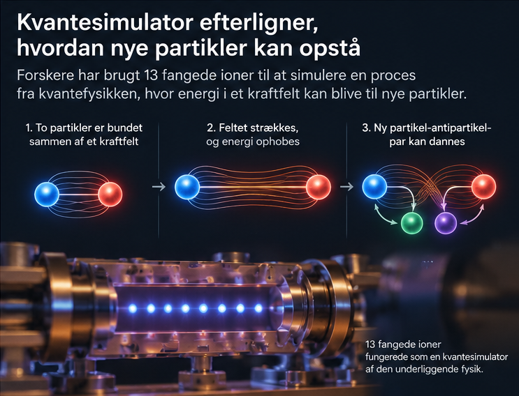 Illustration af en kvantesimulator og dannelsen af et partikel-antipartikel-par