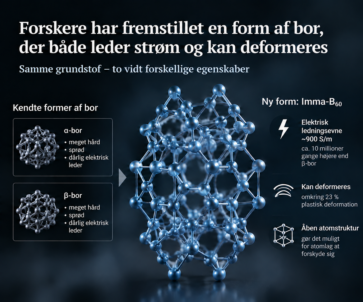 Skematisk illustration af borformen Imma-B₆₀ og dens ledningsevne og formbarhed; ikke en præcis atommodel
