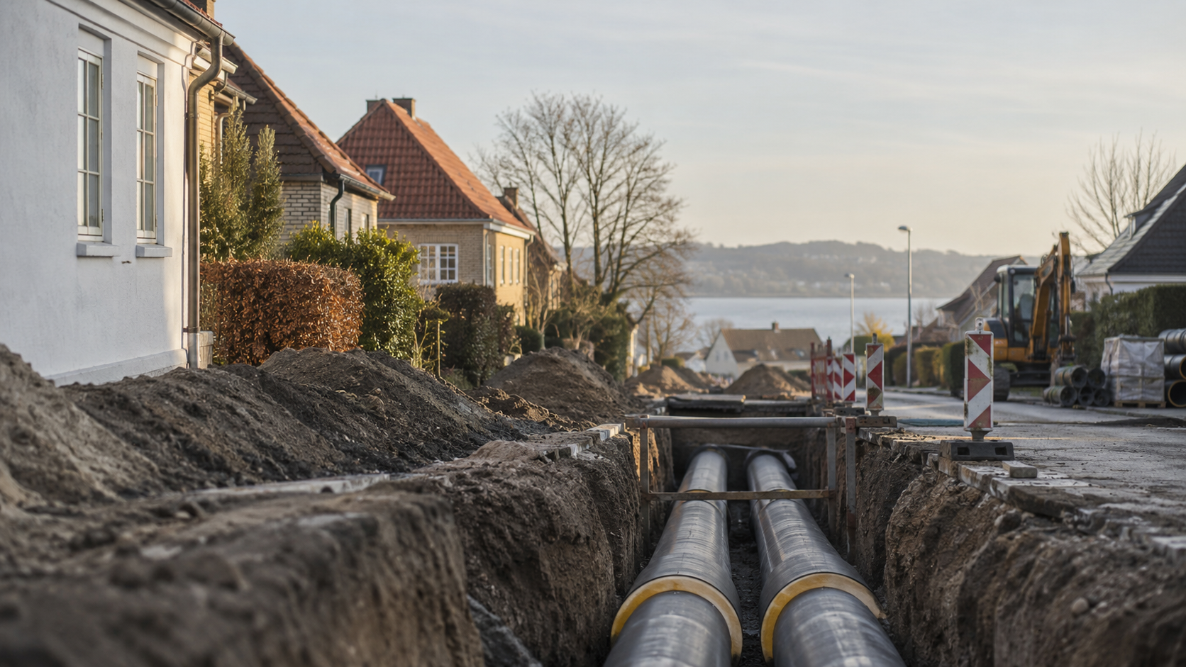 Fjernvarmerør bliver lagt i et dansk boligområde