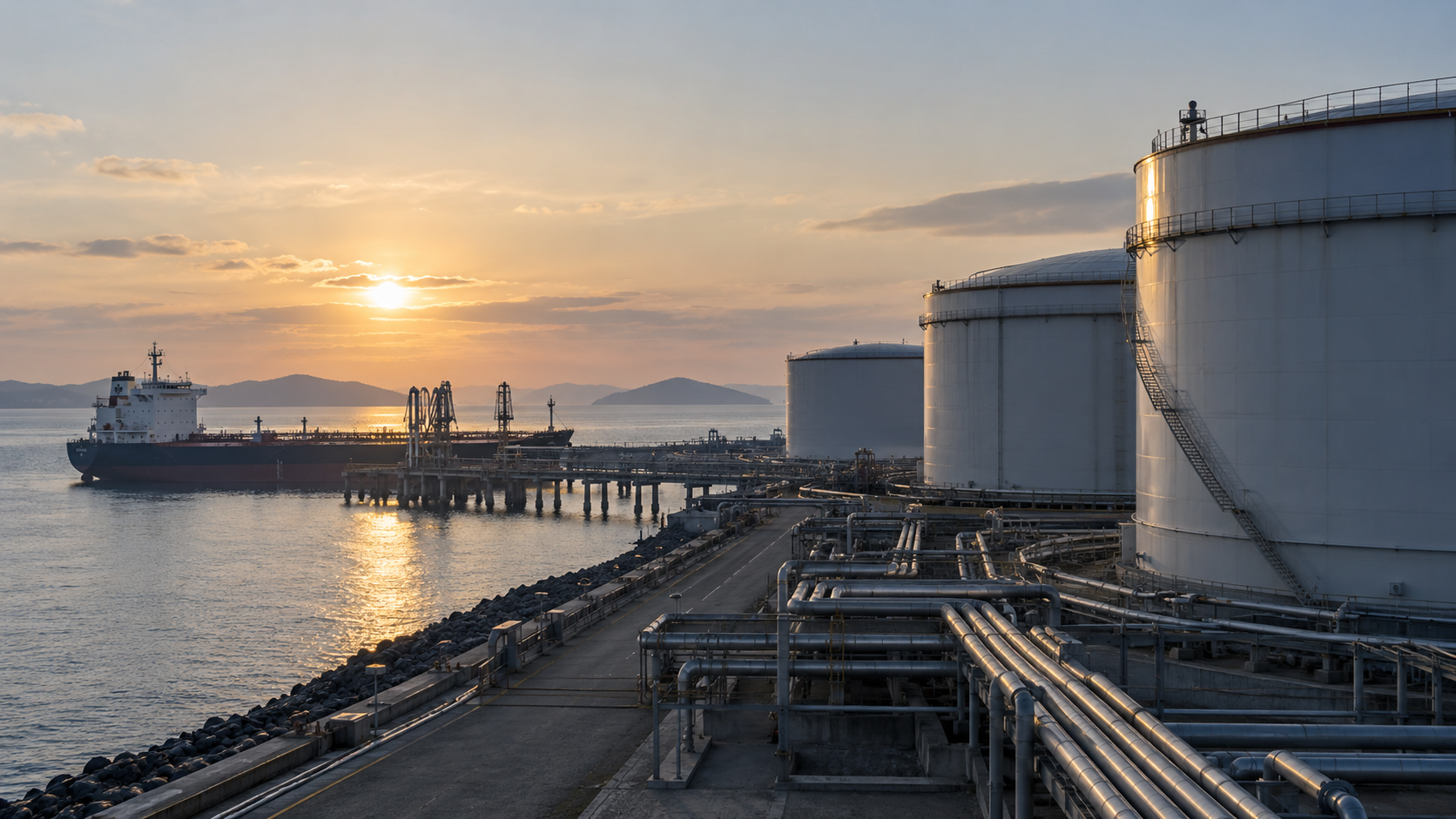 Olieterminal ved kysten i solnedgang