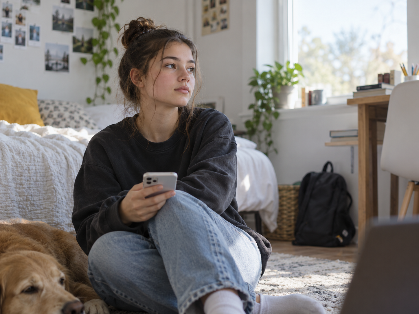 Ung person med en telefon i et almindeligt hjem