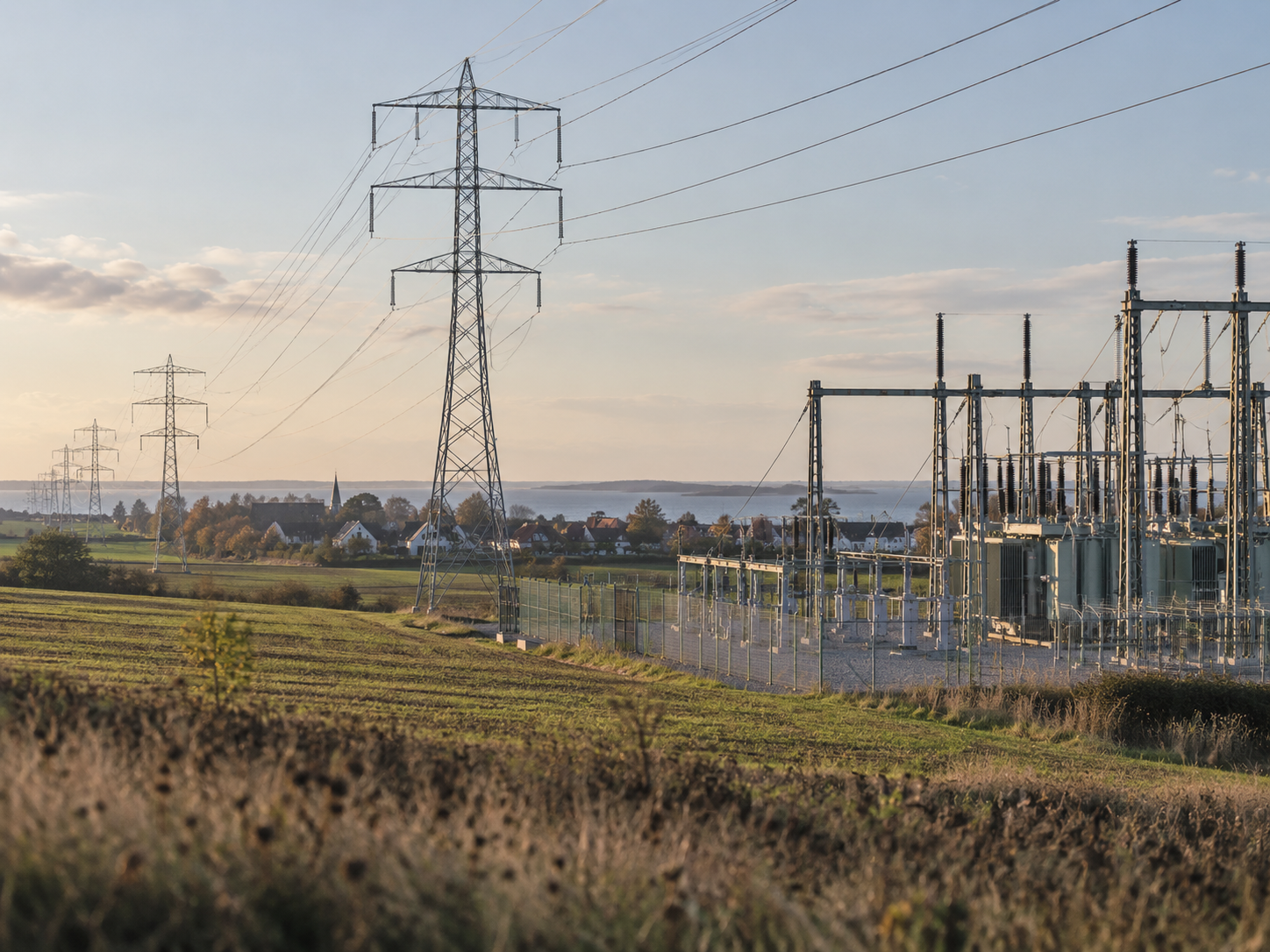 Elnet og transformerstation i et dansk landskab