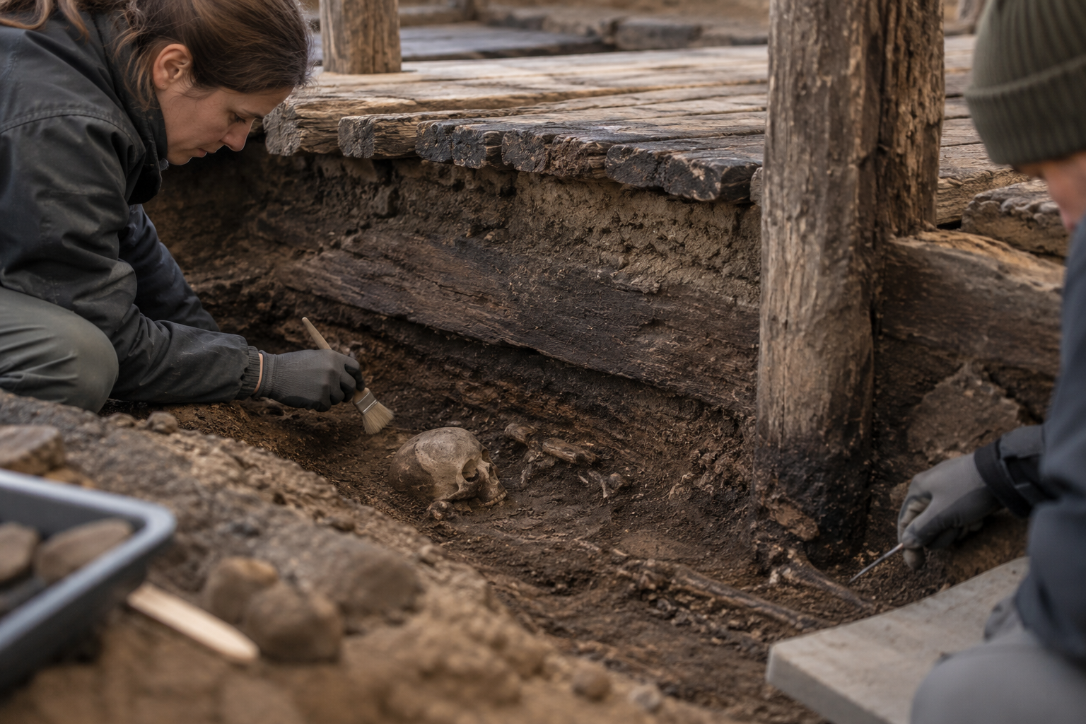Arkæologisk udgravning af et gammelt kranium under et husgulv