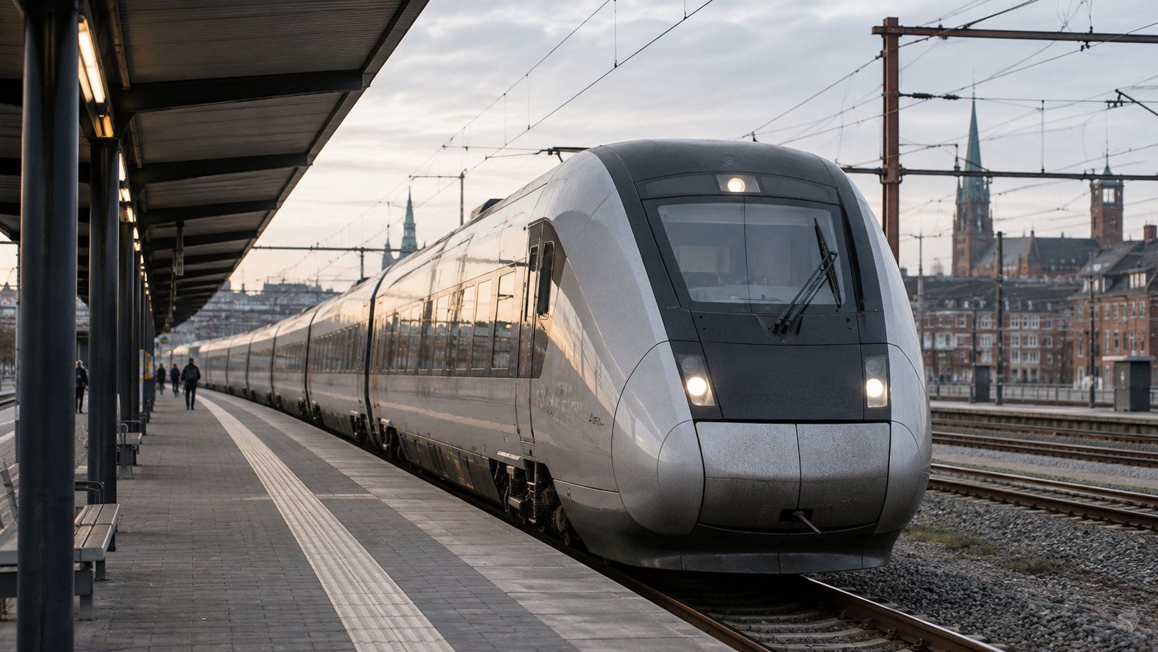 Moderne elektrisk fjerntog ved en dansk bystation