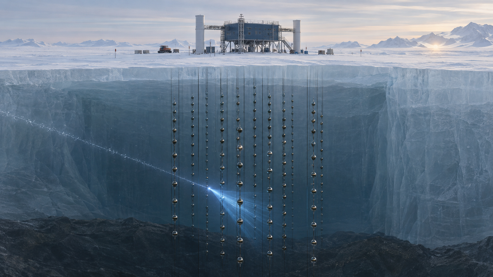 Illustration af IceCube-detektorens sensorer dybt under isen ved Sydpolen