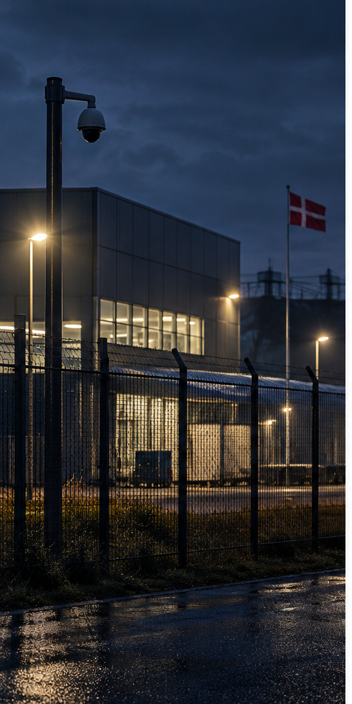 Indhegnet dansk industribygning med overvågningskamera og Dannebrog